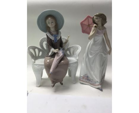 Two Lladro figures afternoon promenade and waiting in the park.