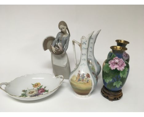 A Lladro style porcelain figure of a girl with a turkey, a Kaiser porcelain dish a pair of 20th century cloisonné vases and a