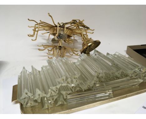 A Quality modern design retro brass hanging light with two tiers of shaped glass drops some minor cracks to a few of the drop