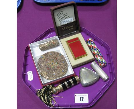 A Vintage Pill/Snuff Box, of rounded triangular form, allover textured finish, stamped "800"; an engine turned lipstick holde