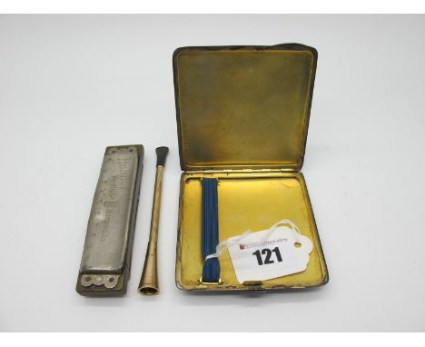 A Slim Hallmarked Silver Engine Turned Cigarette Case, Birmingham 1939, gilt lined, 8.4cm wide, a Hohner harmonica; a vintage