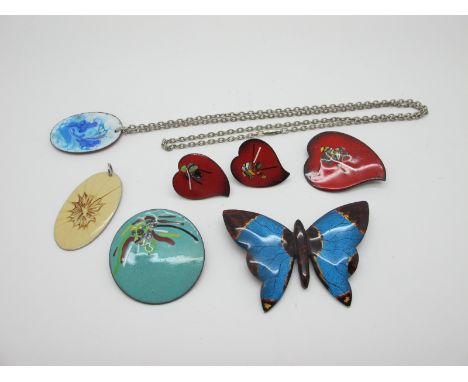 Vintage Enamel on Copper Heart Shape Brooch, together with a pair of matching earrings (unpierced screw backs); a circular en