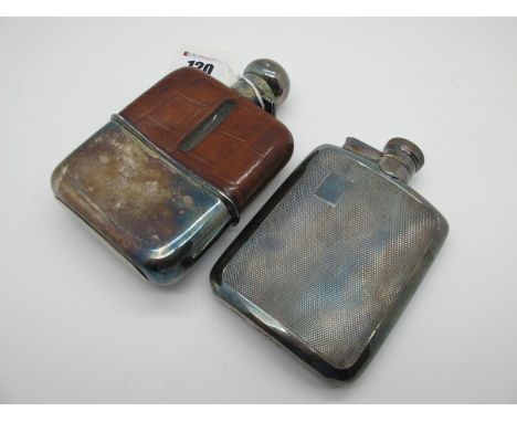 A Hallmarked Silver and Glass Hip Flask, part leather covered, with removable base cup, G &amp; J WH, Sheffield 1929, 13.3cm 