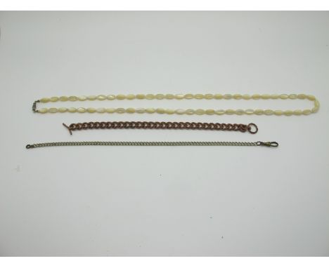 A Vintage Single Strand Bead Necklace; together with two curb in chains, of various sizes.