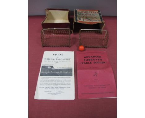 Early Subbuteo. Plastic covered metal framed goal nets. Advanced Subbuteo and 'Spin' booklets plus poor condition box and bal