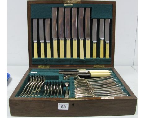 A Vintage Wooden Cased Canteen of Walker &amp; Hall Old English Pattern Cutlery, case 38.4cm wide.