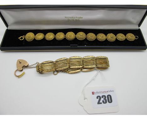 A Vintage Gold Plated Wide Gate Link Style Bracelet, with textured detail, to a heart shape padlock clasp stamped "9ct"; a Mi