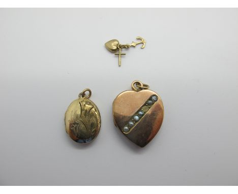 A Vintage Heart Shape Locket Pendant, with inset seed pearl highlights (one missing), stamped "15ct" (4 grams), another locke