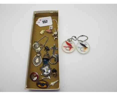 A Hallmarked Silver Medallion Pendant, novelty fishing fly keyrings, charm pendants, enamel Salvation Army badge.