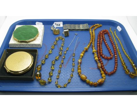 Two Vintage Stratton Powder Compacts, a modern panel dress ring, stamped "925" (finger size N), vintage and later bead neckla
