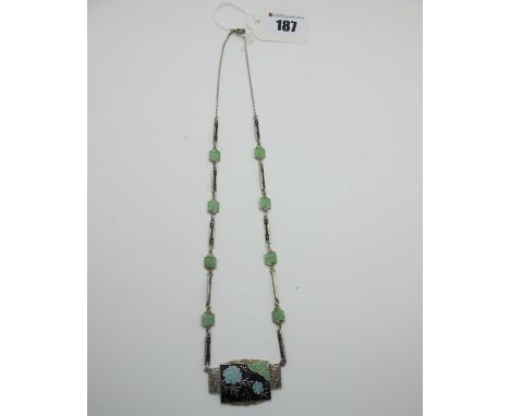 A Vintage Enamel Necklance, Theodore Fahrner style, highlighted in black, green and blue enamel, indistinctly stamped "935" (
