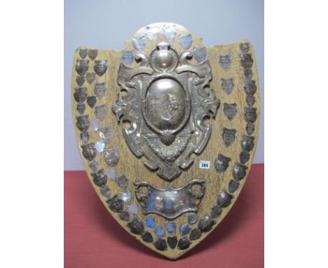 Beatty Football League (Sheffield) Oak Freestanding Presentation Shield, the applied silver plaque to centre featuring match 