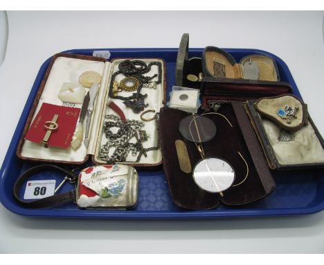 Spectacles, Isle of Man Manx Cat enamel badges, part watch chins, vintage cases (damages) etc:- One Tray