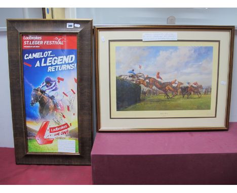 Alan Fearnley Coloured Print, Becher's Brook, 31 x 47cm, signed by John Oaksey to the border, Ladbrookes poster for St.Leger 
