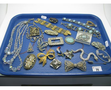 Costume Brooches, vintage bead necklace, bracelets, shell inset brooch stamped "Mexico 925" etc:- One Tray