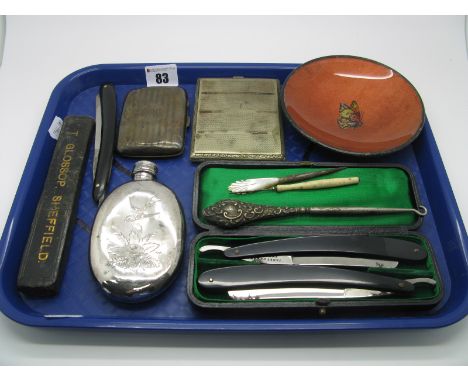A Hallmarked Silver Cigarette Case, initialled, a decorative butterfly dish, cutthroat razors, Aesthetic hip flask, further h