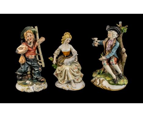 Three Capodimonte Figures, depicting a Youth with a bird, a young girl with a lamb, and an urchin with a ladder and brush.