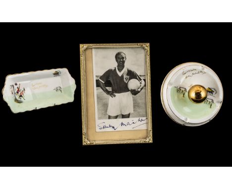 Football Interest. Stanley Matthews Signed Picture, Signed Plate and Signed Ash Tray. ( 3 ) Signed Pieces by Stanley Matthews