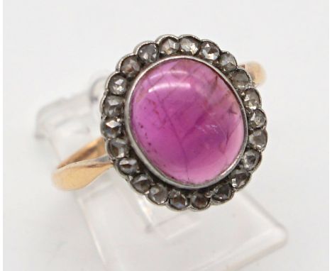 Antiker Rubin Diamantring 19.Jh, 14 K.Rosegold - wohl 585,  unleserlicher Meisterstempel und Kornähre - Gemugelter Rubin oder