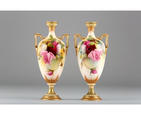 Pair of Royal Worcester vases No. 247, baluster form, twin handles, decorated with hand painted red and pink roses, signed Ma