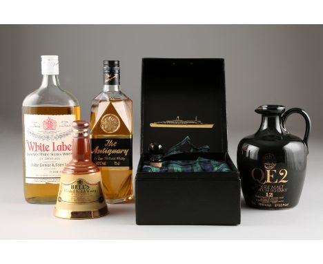 QE2 single malt scotch whisky 12 year old in ceramic decanter in presentation box 75cl 48.6%. Bells blended Scotch Whisky in 