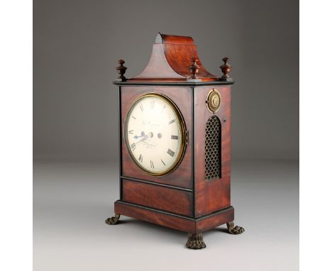 William IV mahogany bracket clock James Donaldson, Meigle. Arched back plate on striking bell. Arched top with four finials o