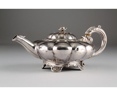 William IV silver three piece tea service, squat melon form, raised on scallop shell feet, Acanthus leaf scroll handles, Assa