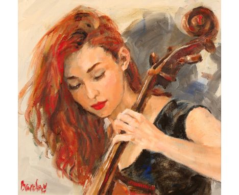 Muriel Barclay (Scottish Contemporary) ARR. Framed oil, ‘Girl playing Cello’, 29cm x29cm 