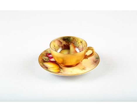 Royal Worcester coffee cup and saucer, decorated with hand painted fallen fruit, signed Price and Ano 