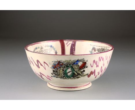 19th Century pink lustre pearl ware bowl, with the centre panel of ‘The Star of Tasmania’ and the ‘Crimea’ the exterior with 