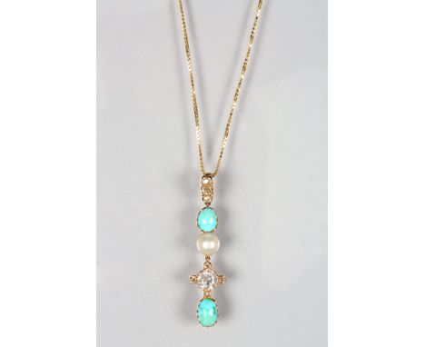 Ladies 14K fine gold chain with a turquoise, pearl and diamond mounted pendant, principal diamond 0.75carat brilliant cut 