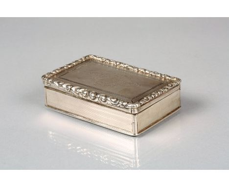 Victorian silver snuff box of rectangular form, raised floral and scroll border and engine turned design, floral thumb piece,