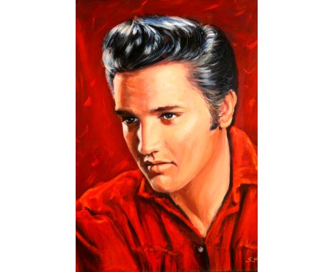 Shahin Memishi. Framed oil on board, signed, ‘Portrait of Elvis’, 60cm x 50cm 