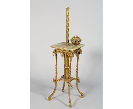 19th Century gilt metal standard oil lamp, damaged gilt metal pillar and oil lamp, over a square green onyx top over an ornat