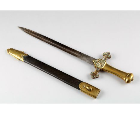 Royal Scots Fusiliers Officers Dress Sword, brass handle stamped 996 RSF 7, leather scabbard with brass mounts. 33cm blade 