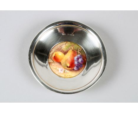 Silver circular pin dish with a Royal Worcester porcelain base, hand painted with fruit, date coded 1912 silver Assay marked 