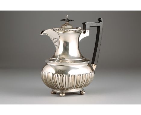 Edwardian four piece silver tea service, half fluted decoration, tea pot, sugar and cream, Assay marked Sheffield 1908, water