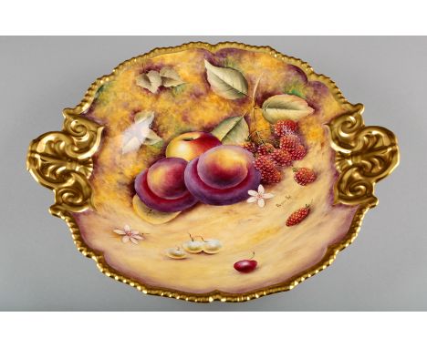 Royal Worcester blank fruit bowl, hand painted with fallen fruit with rich gilt border, signed Brian Cox, 32cm diameter 