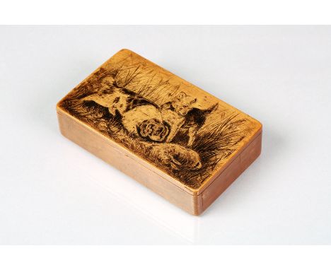 Early 19th Century wooden snuff box, wooden hinged cover, decorated with Rabbiting Terriers by Stevens & Son, Laurencekirk. 1