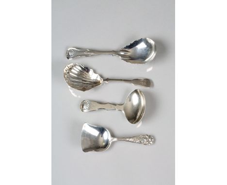 Four assorted silver caddy spoons, including Willian IV Scottish silver caddy spoon. Assay marked Glasgow 1830 D. MacDonald, 