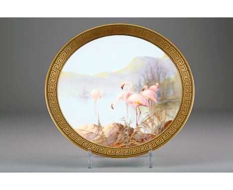 Royal Worcester charger, gilt Greek key border, with hand painted centre, flamingos on a lake, singed William Powell, date co