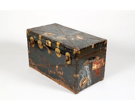 Blue travel trunk, tin with wooden frame, leather straps. 92cm long 49cm wide 55cm high 