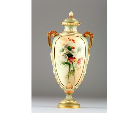 Royal Worcester vase and cover, baluster form No. 1835 with twin handles, decorated with hand painted thistles date coded 190