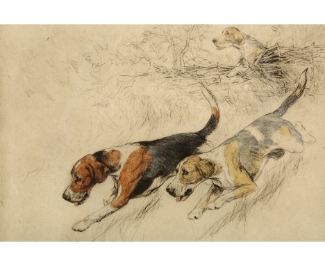George Vernon Stokes (British 1873-1954). Framed Limited Edition coloured dry print, signed, 64/75, ‘Two Fox hounds in full s