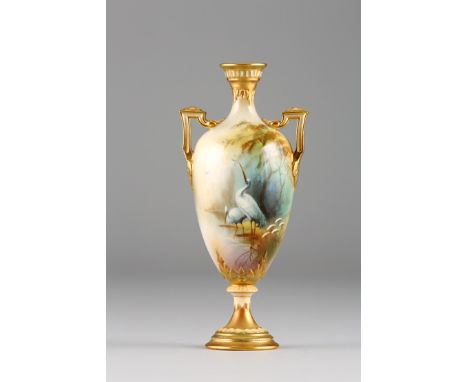 Royal Worcester Vase No. 247 hand painted with storks in a woodland lake, signed Arthur Lewis, date coded 1910, 19cm high 