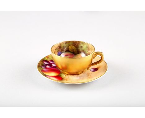 Royal Worcester coffee cup and saucer, decorated with hand painted fallen fruit, signed A Shuck and E Townsend 