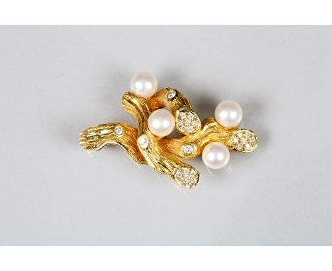 Ladies 18 carat gold pearl and diamond set twig pendant, approx. 12.5grams, 40mm high x 25mm wide 