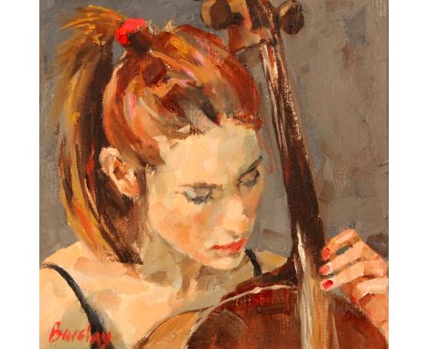 Muriel Barclay (Scottish Contemporary) ARR. Framed oil, ‘Girl playing Cello’, 24cm x 24cm 