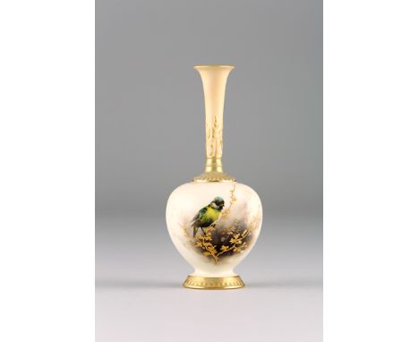 Royal Worcester vase No. 1661 hand painted with a Blue Tit, signed James Stinton, date coded 1912, 17cm high 