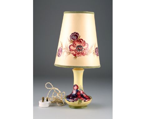 Moorcroft pottery table lamp, decorated with Anemone pattern, with an original Moorcroft lamp shade, pottery lamp base, 19cm 